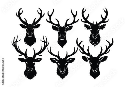 Silhouettes of Deer Head set  with Antlers, Perfect for Design Projects