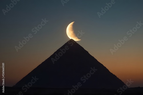 A giant crescent moon perfectly aligned above a pyramid’s peak.  