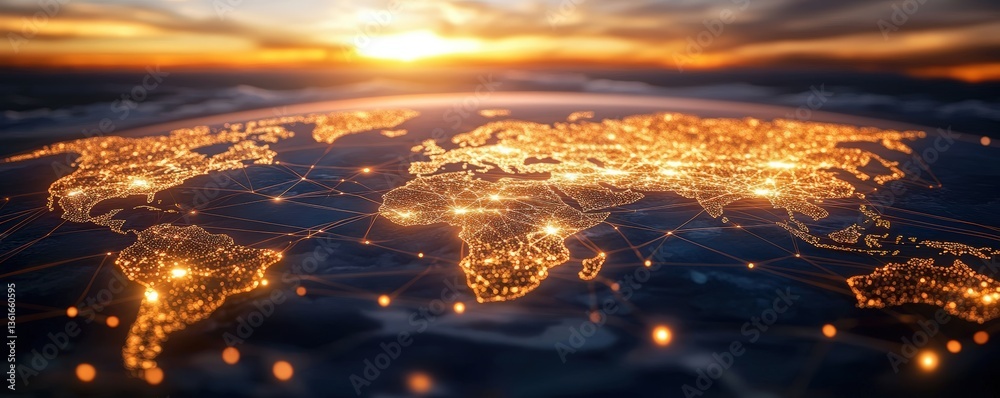Fototapeta premium A stunning aerial view of a illuminated world map at sunset, showcasing interconnected cities through glowing lines and lights.