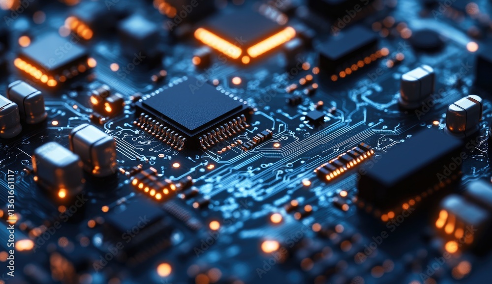 Close-up view of a complex circuit board with illuminated components. Detailed view of integrated circuits, traces, and connections Close-up view of a complex circuit board with illuminated components. Detailed view of integrated circuits, traces, and connections