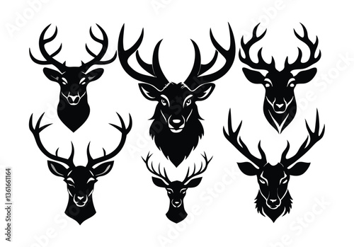 Silhouettes of Deer Head set  with Antlers, Perfect for Design Projects