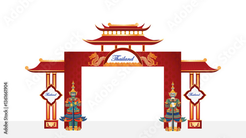 A red and gold Thai event arch gate with "Thailand" signs, dragon motifs, and guardian statues.
