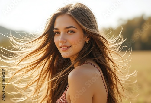 Young woman with flowing hair in a sunlit meadow smiling
