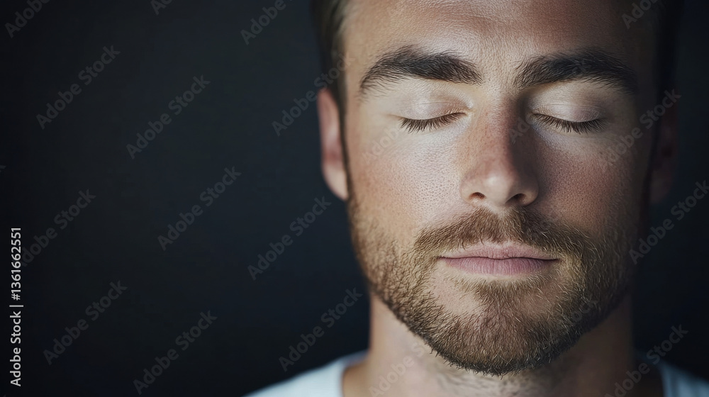 Fototapeta premium A close-up portrait of a man with closed eyes, exuding calmness and serenity, isolated on a transparent background.