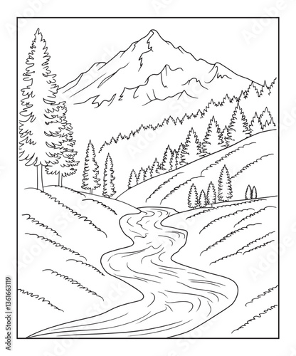 Mountain outdoor scenery coloring page for kids, black line art vector illustration on white background 