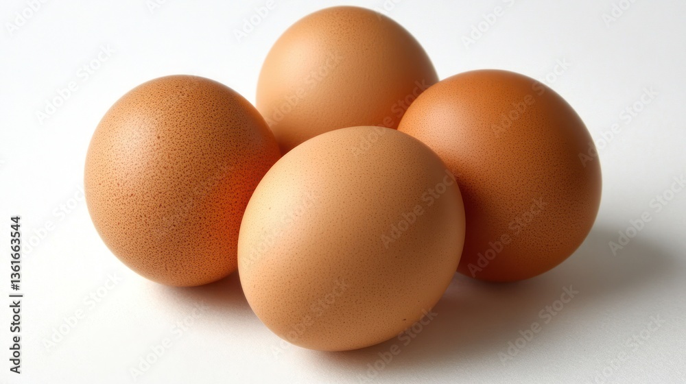 Four brown eggs arranged on white background. Possible use Food photography, cooking Four brown eggs arranged on white background. Possible use Food photography, cooking