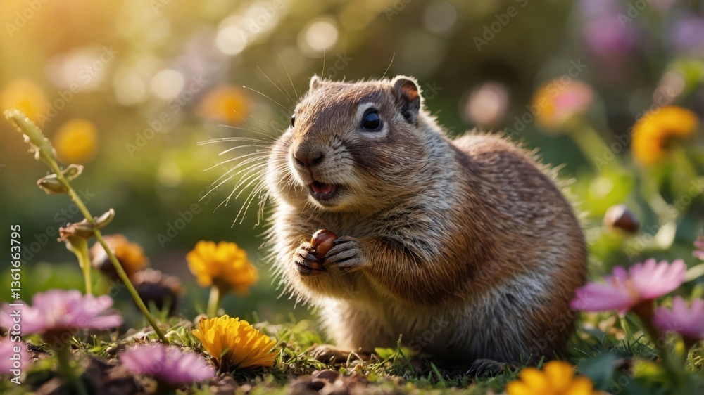 A cute ground squirrel holds a nut amidst colorful flowers in a sunny garden. A cute ground squirrel holds a nut amidst colorful flowers in a sunny garden.