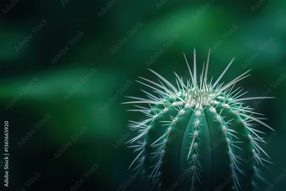 Fototapeta premium Green cactus with long white thorns on dark background. botanical education