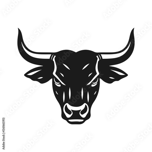 A bull logo with powerful horns. Aggressive and dynamic style symbolizing strength, courage and fortitude. Bull logo, animal head, horned beast, strong symbol