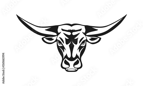 A bull logo with powerful horns. Aggressive and dynamic style symbolizing strength, courage and fortitude. Bull logo, animal head, horned beast, strong symbol