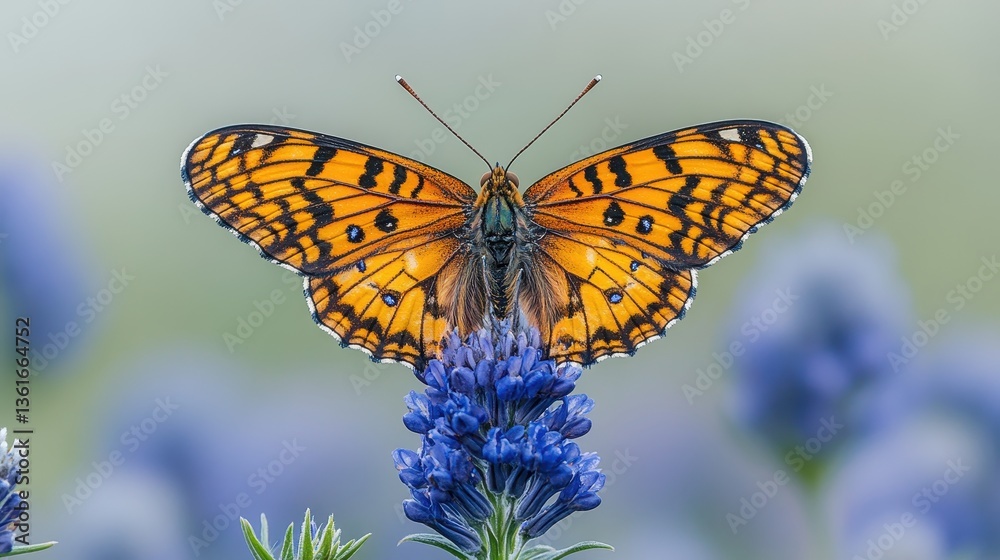 Obraz premium A detailed image showcases a butterfly perched on a purple flower