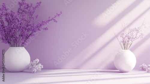 Two white vases with purple and white flowers on a purple background, bathed in sunlight.