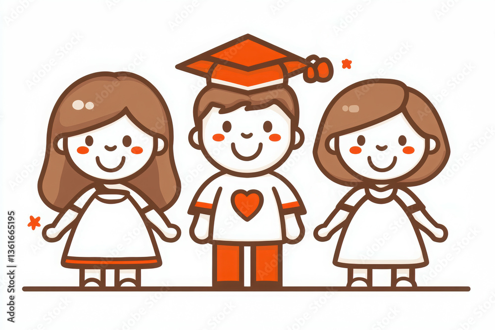 Three cheerful cartoon characters celebrate a graduation, featuring a boy in a cap and gown flanked by two girls, conveying joy and achievement. Three cheerful cartoon characters celebrate a graduation, featuring a boy in a cap and gown flanked by two girls, conveying joy and achievement.