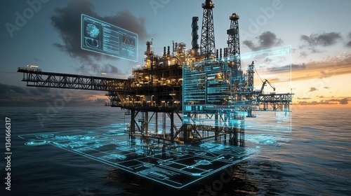 Offshore oil and gas production platform operating at sunset with an aerial drone view of the industrial facility on the open ocean