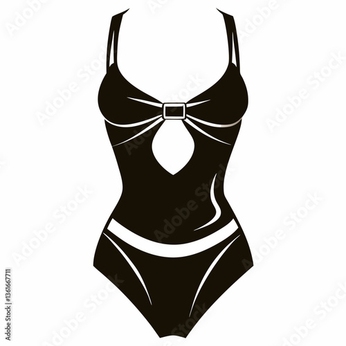 Black Swimsuit Flat Icon.
Flat black silhouette of a one-piece swimsuit. Bold vector style. Perfect for signage, summer guides, or minimalist branding.