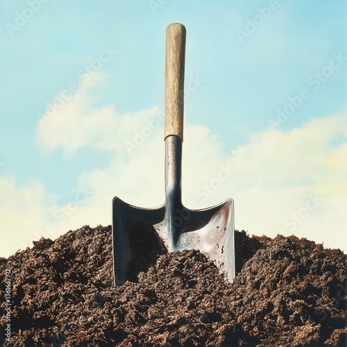 Shovel in Dirt Pile Against Sky