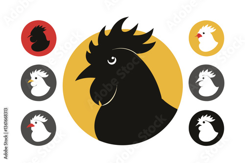 Set of Silhouetted Rooster Heads