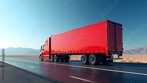 On the Open Road: Red Truck Navigating a Clear Highway Under a Blue Sky