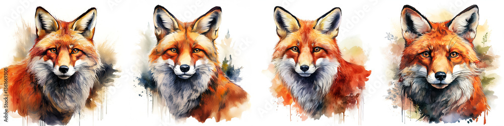 Obraz premium Illustration of a group of red fox heads isolated on white background, collection and variation. Watercolor illustration with bright colors. Fox looking at camera. Generative Ai.
