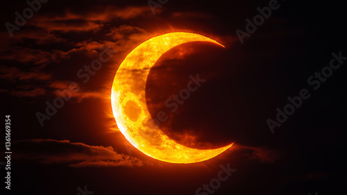 Vivid celestial view of a fiery partial solar eclipse in a cloudy sky