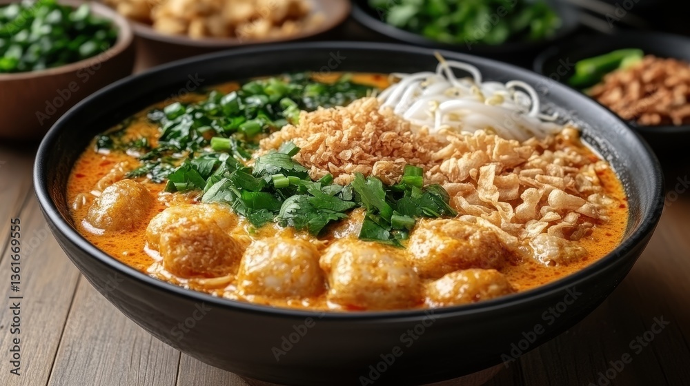 A delicious bowl of curry soup with various garnishes on top A delicious bowl of curry soup with various garnishes on top