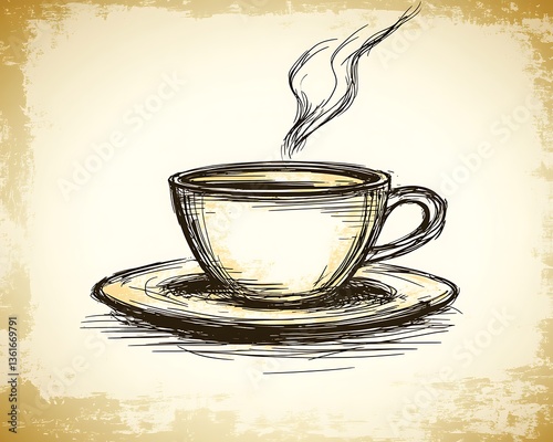 Hand-drawn sketch of a steaming cup of coffee on a saucer.