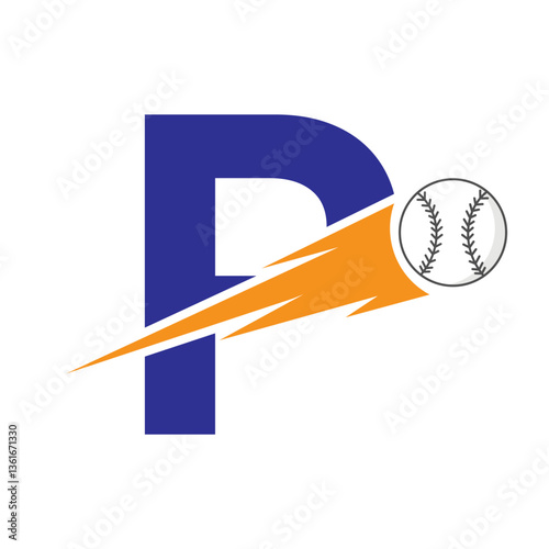 Initial Letter P Baseball Logo Design With Speed Symbol. Baseball Logo For Academy and Club Sign