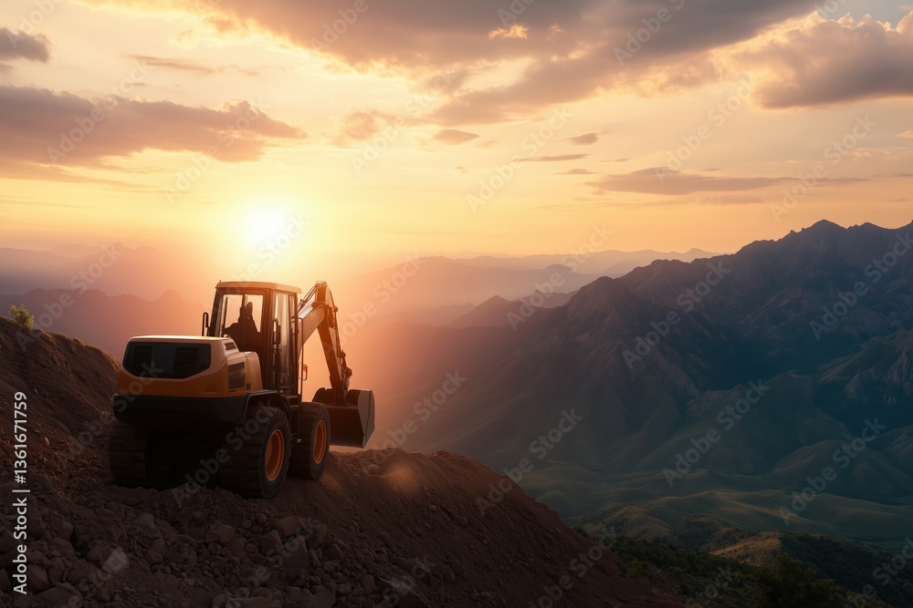 Excavator working on mountain terrain at sunset. heavy machinery in action Excavator working on mountain terrain at sunset. heavy machinery in action