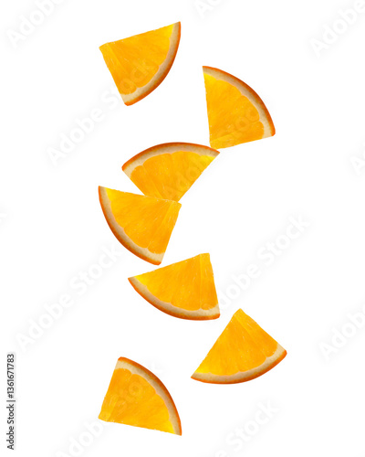 Falling fresh orange fruit slices isolated on white background