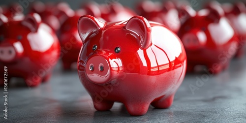 Bright red ceramic piggy bank stands out among similar savings banks in a modern setting