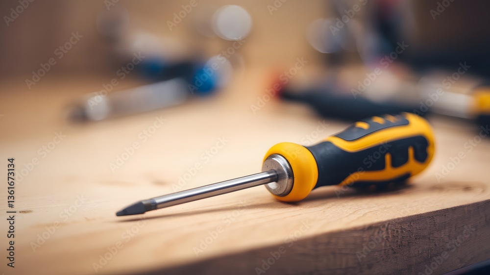 Screwdriver on a wooden workbench surrounded by tools during a home improvement project Screwdriver on a wooden workbench surrounded by tools during a home improvement project