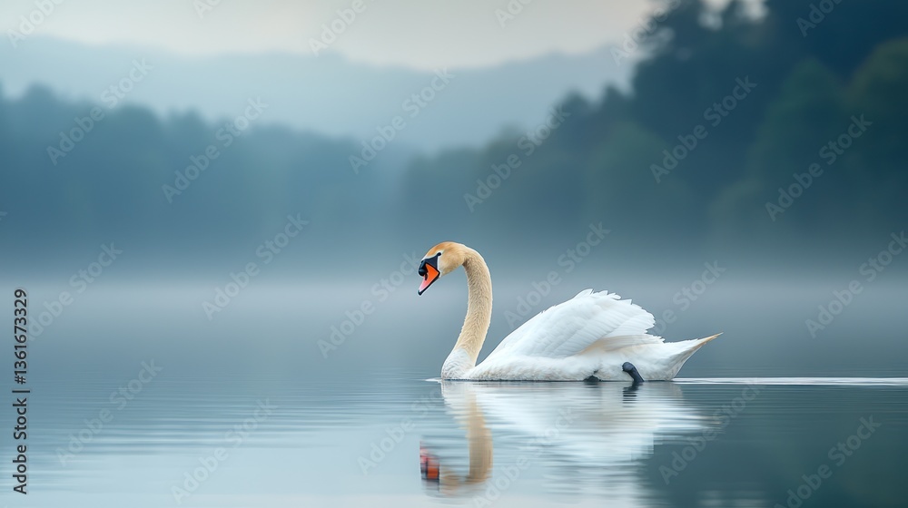 Obraz premium Majestic swan glides across serene lake