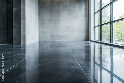 Polished black tile flooring in modern interior. architectural showroom style