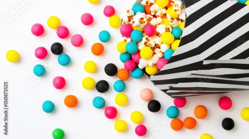 Colorful Treats Spilling from Striped Box on White Background