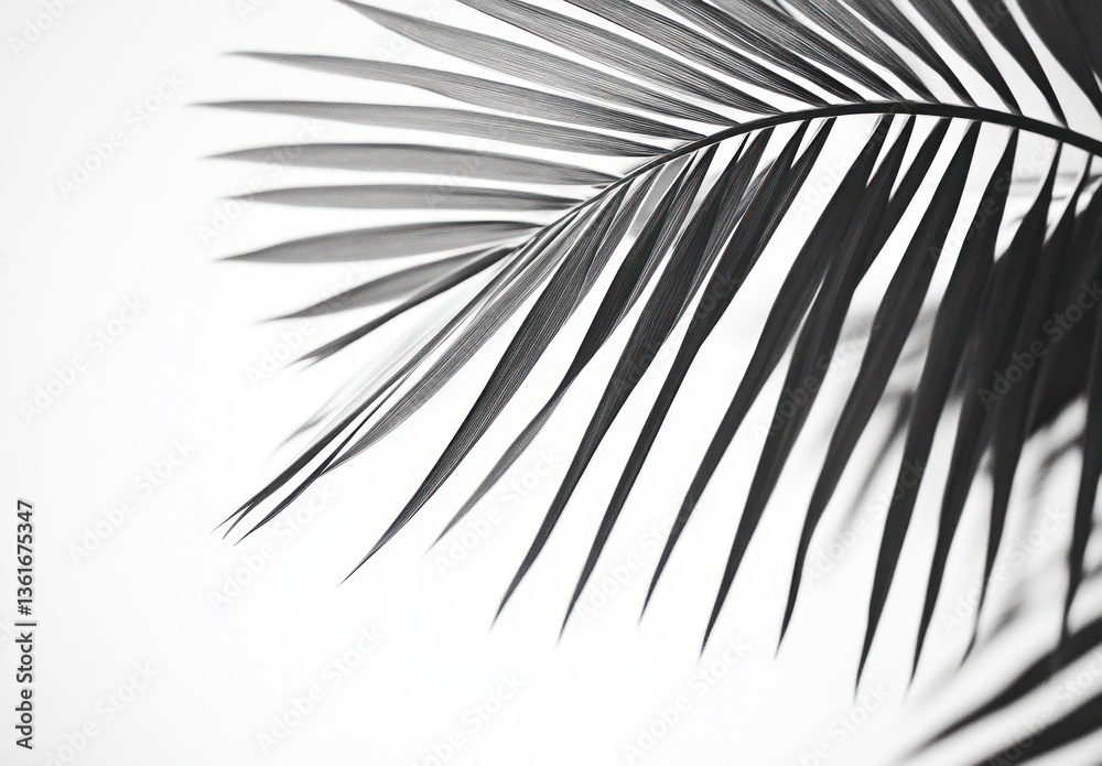 Black and White Palm Leaf Close-up with Minimalist Style on White Black and White Palm Leaf Close-up with Minimalist Style on White