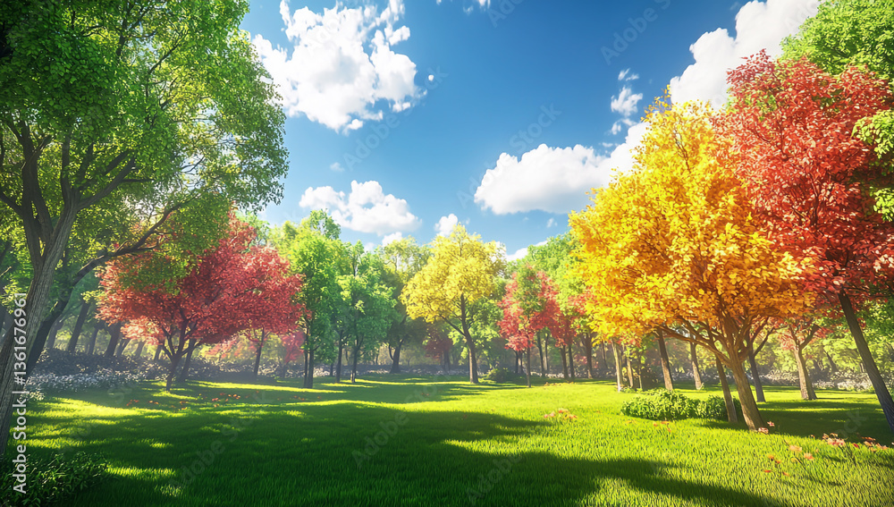Naklejka premium Beautiful trees with colorful leaves in the park, a blue sky and white clouds, lush green grass, a landscape painting.