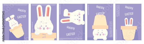 A cute bunny and flower pot poster set for easter day isolated on a white background