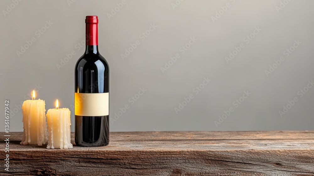 Fototapeta premium Elegant wine bottle on a rustic wooden table with soft candlelight creating a warm and inviting atmosphere
