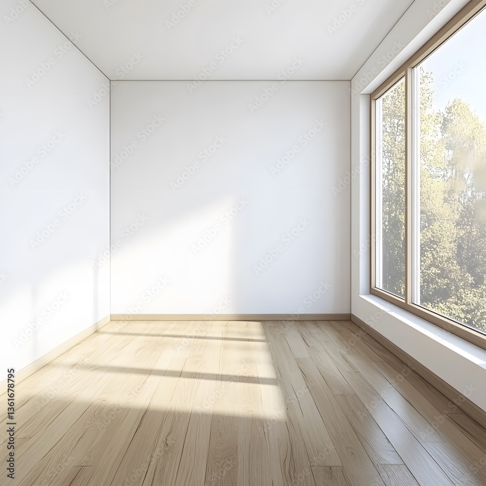 Fototapeta premium Empty Room Sunlight Hardwood Floor Minimalist Interior Design