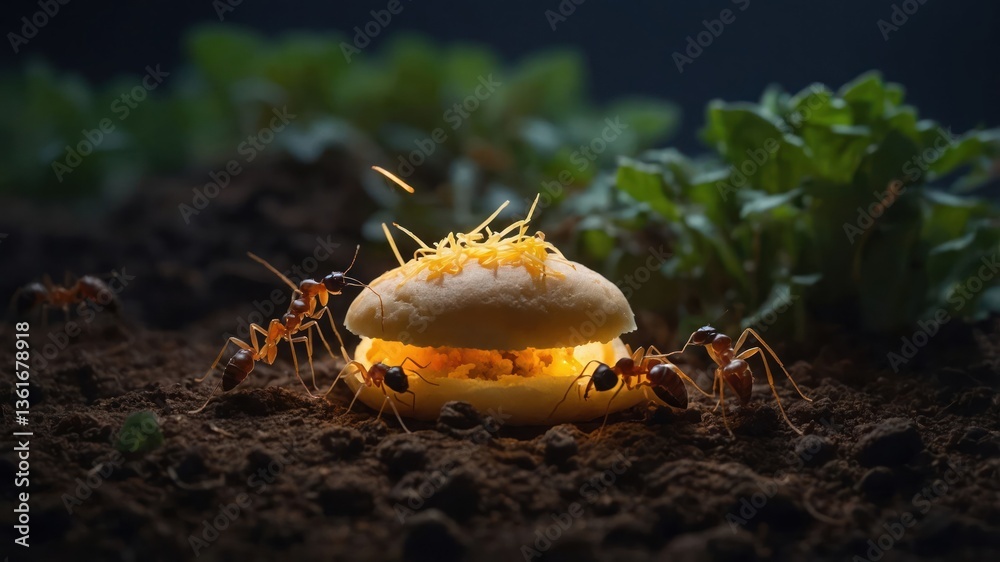 Ants surrounding a glowing food item in a dark, earthy setting with greenery. Ants surrounding a glowing food item in a dark, earthy setting with greenery.