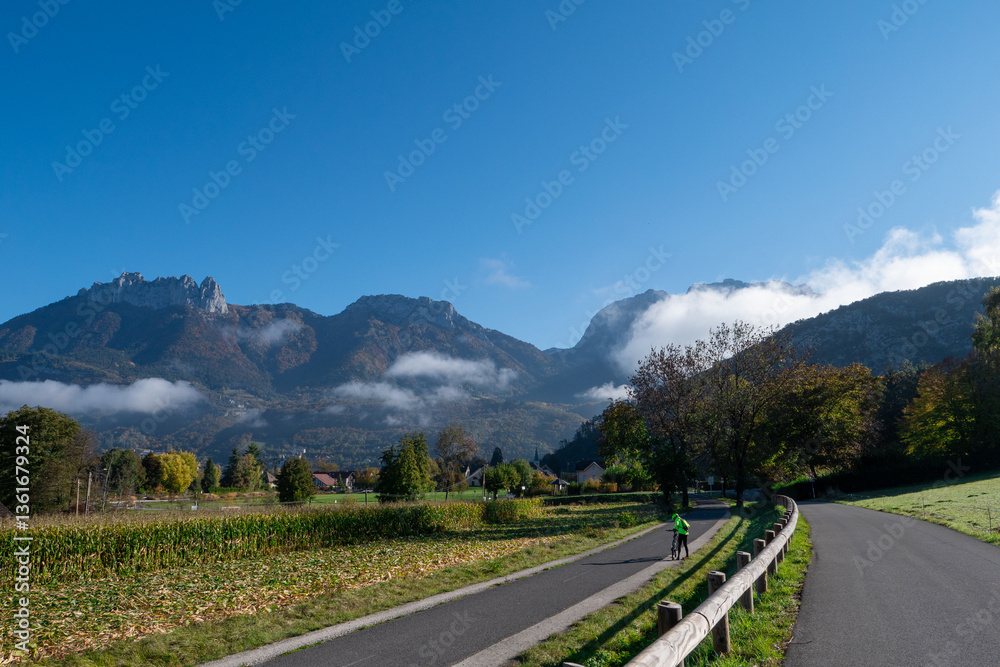 Fototapeta premium view of the cycle path that goes around Lake Annecy