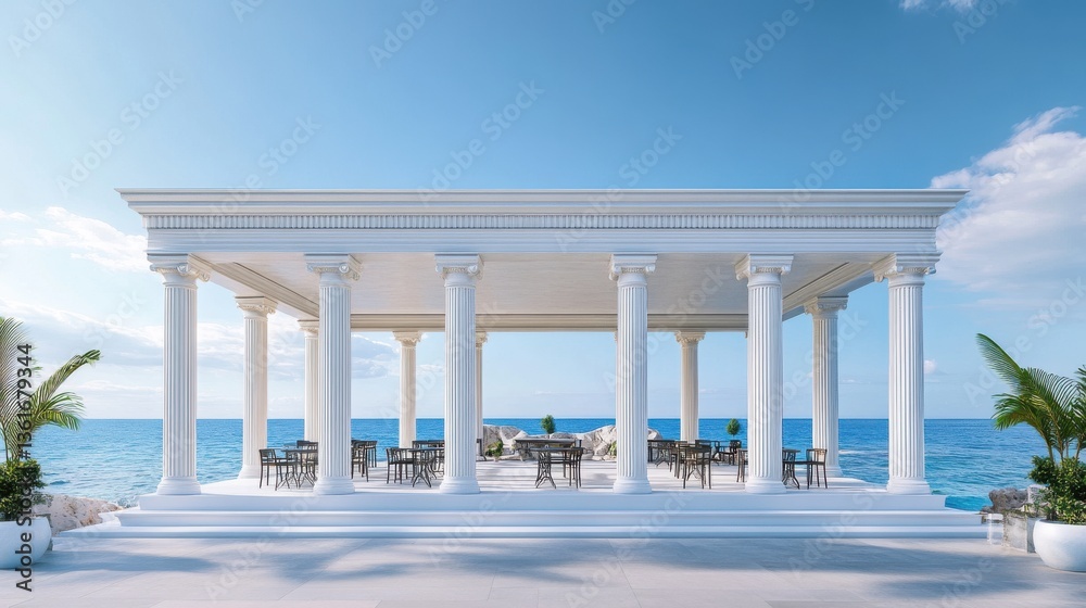 Obraz premium Elegant seaside pavilion with columns, tables, and ocean view under clear sky
