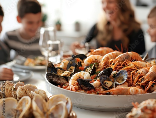 An appealing bowl of seafood cioppino showcasing fresh ingredients and rich flavors enjoyed by a family in laughter