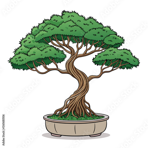 Create a bold, stylized vector illustration of a Banyan Bonsai tree, emphasizing strong, graphic lines and simplified forms.  Focus on impactful visual design.