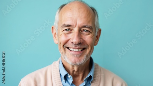 A cheerful elderly man with a warm smile, exuding wisdom and satisfaction. He sitting against a simple blue background, looking at the camera with a positive expression.