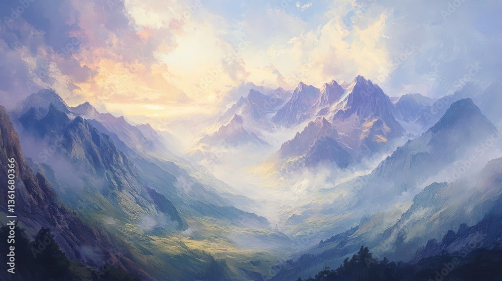 Serene Mountain Range Panorama with Soft Clouds and Morning Hues Serene Mountain Range Panorama with Soft Clouds and Morning Hues