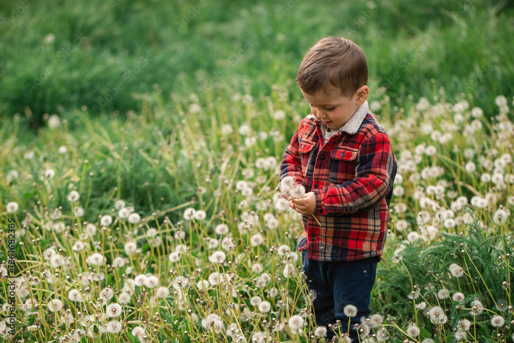 Stylish baby among fresh grass and dandelions plays in the sun in spring. Child and nature, unity. Harmonious development, knowledge of the world, environment Stylish baby among fresh grass and dandelions plays in the sun in spring. Child and nature, unity. Harmonious development, knowledge of the world, environment