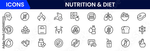 Nutrition and Diet, Healthy Food, and Detox Diet Vector Icons. Contains such Icons as Metabolism, Caunt Calories, Palm oil free, Zero trans fat, Probiotics, and more. Simple Outline icons collection.