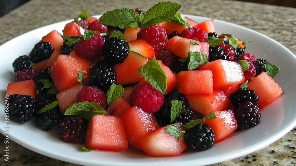 of colorful, low-sugar fruit salad with fresh watermelon, berries, and a sprinkle of mint leaves of colorful, low-sugar fruit salad with fresh watermelon, berries, and a sprinkle of mint leaves