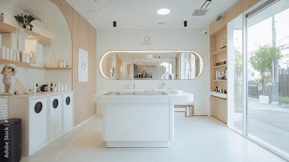 A minimalist dog grooming station in a bright and modern pet spa. background A minimalist dog grooming station in a bright and modern pet spa. background